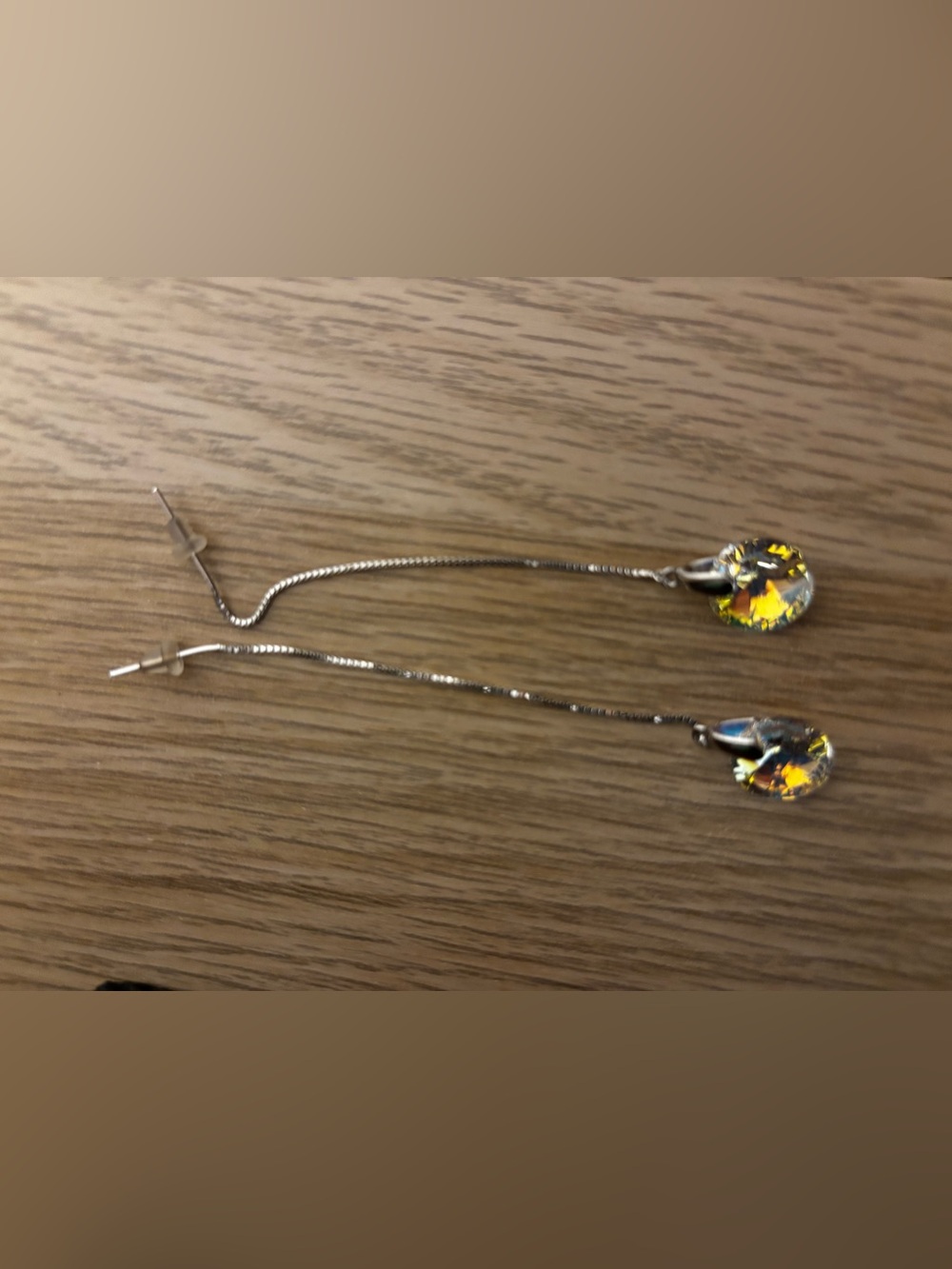 Sterling Silver Chain Earrings with Reflective Crystal Pendant
